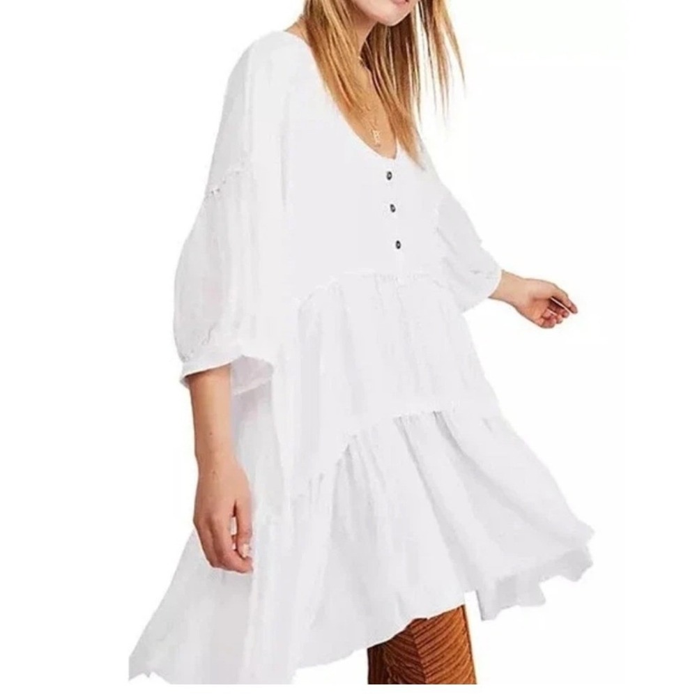 Free People We The Free Skye Tee Tiered Babydoll Henley Tunic Top White Small